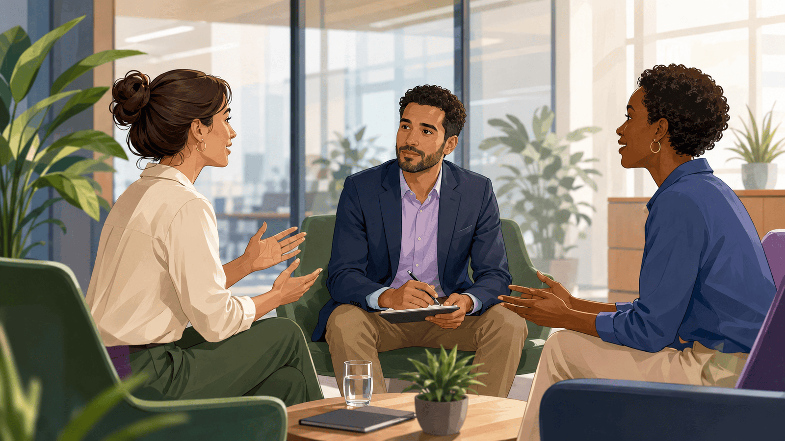 Een leidinggevende en twee medewerkers voeren een open gesprek over een veilig werkklimaat