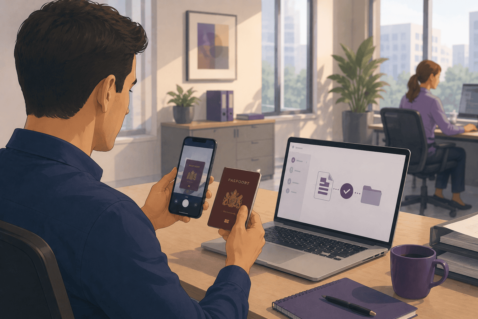 Medewerker in een moderne kantooromgeving gebruikt een tablet voor digitale dossierverwerking binnen financiële hulpverlening